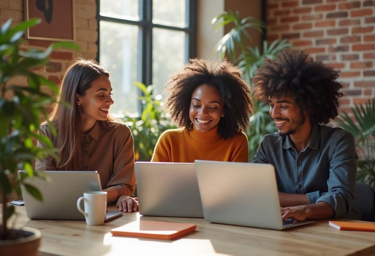 A small team working together around laptops in a bright loft office