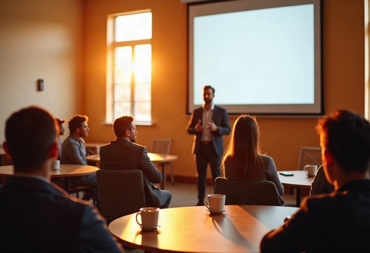 A speaker presenting to a business audience at a morning seminar