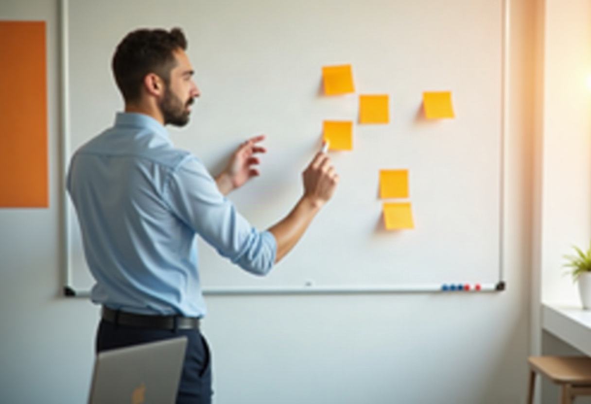 A consultant walking a client through a plan at a whiteboard